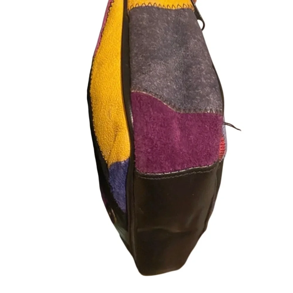 Vtg Style Multicolor Patchwork Leather Suede Crossbody Shoulder Bag Zipper‎ Reto